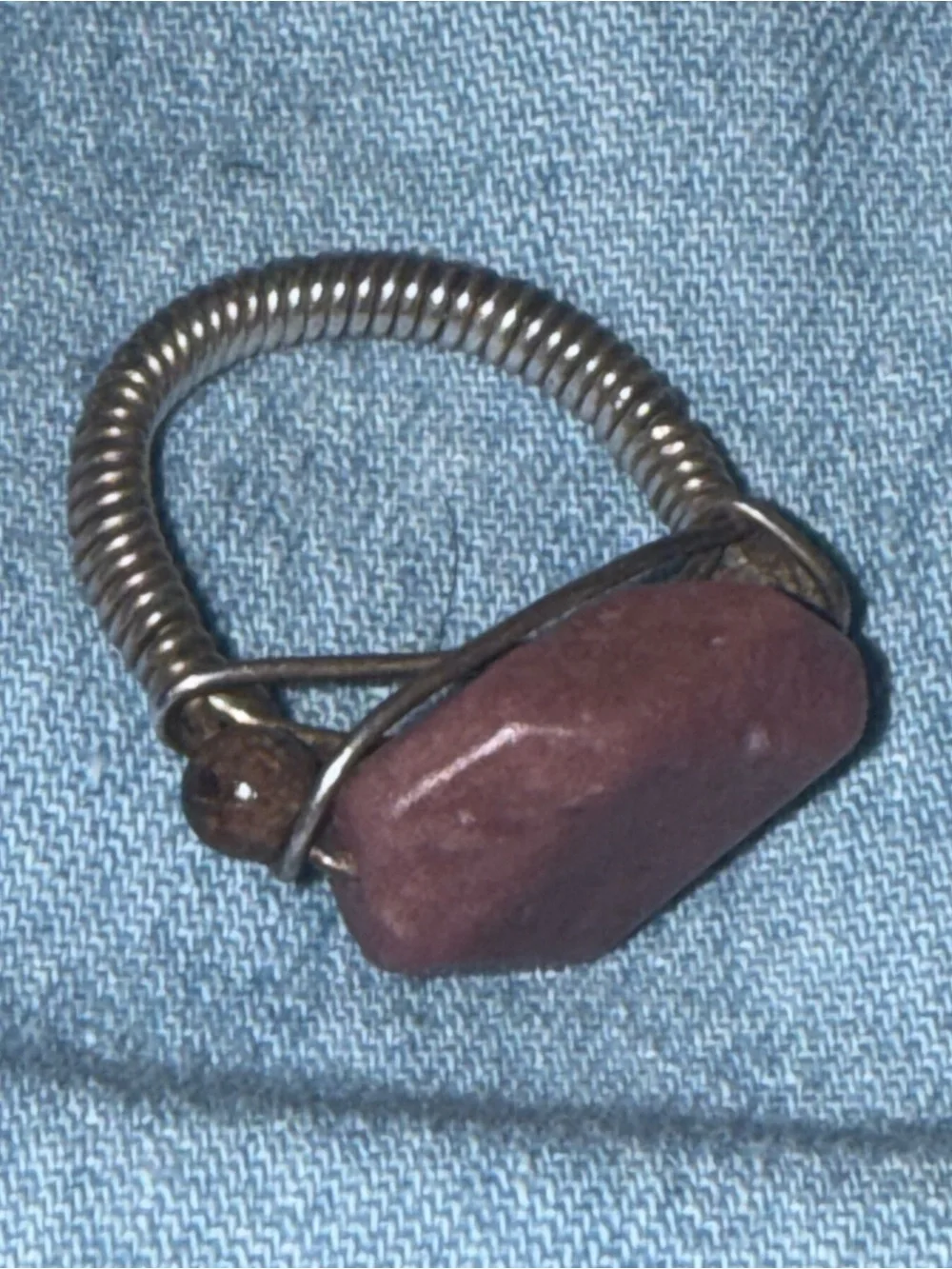Vintage Artisan Sterling Silver Wire-Wrapped Ring w Natural Pink Rhodonite Stone